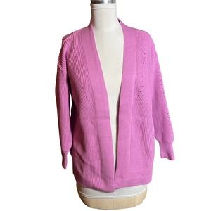 Cotton Chunky Knit Open Front Cardigan Pink Pointelle Sleeve TW-2481D4 Relaxed